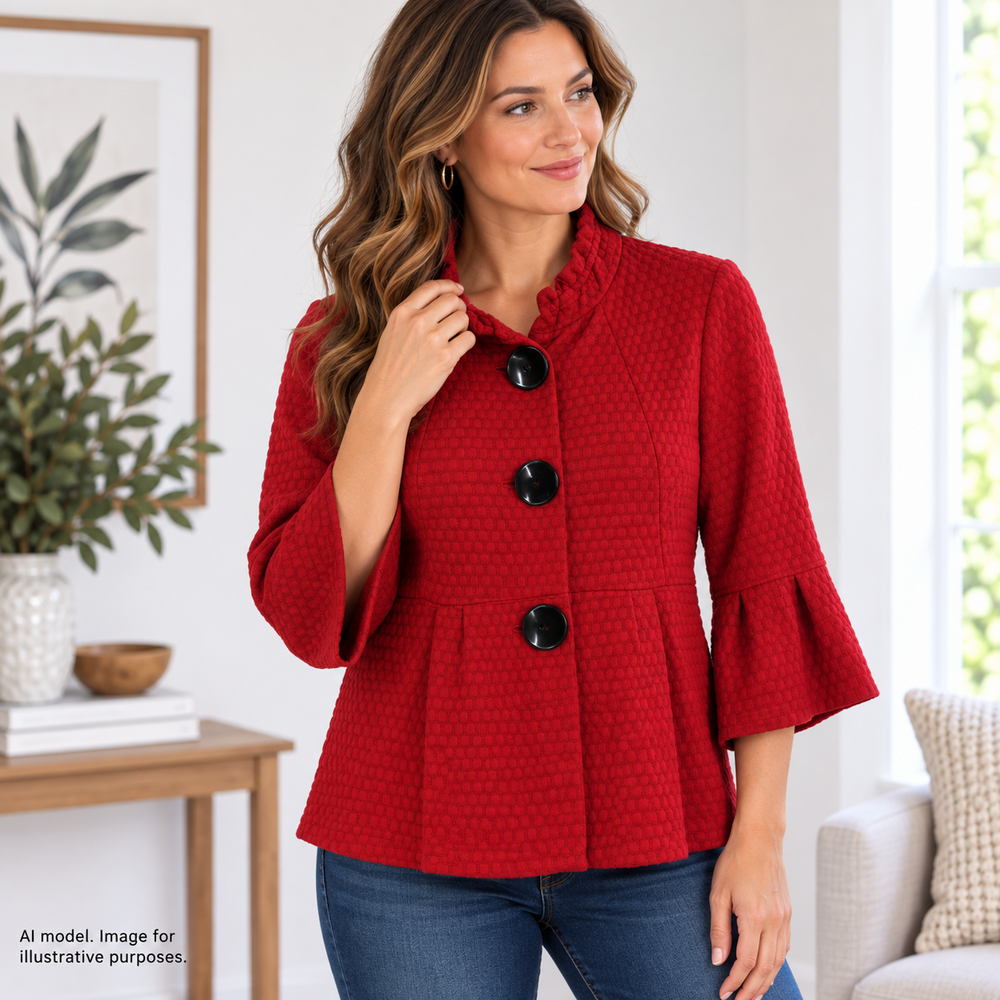Ali Miles Jacket Womens Petite Medium Red Textured 3 Button Peplum Sleeve Blazer